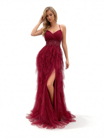 Stalluxe | Burgunderrotes Mehrlagiges Rüschenkleid mit Trägern