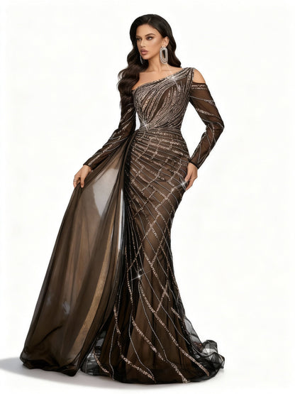 Stalluxe | Schwarzes Perlenkleid mit Asymmetrischem Ausschnitt