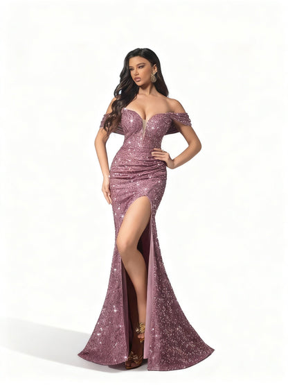 Stalluxe | Herzförmiges Rosafarbenes One-Shoulder Pailletten Kleid mit Hohem Schlitz