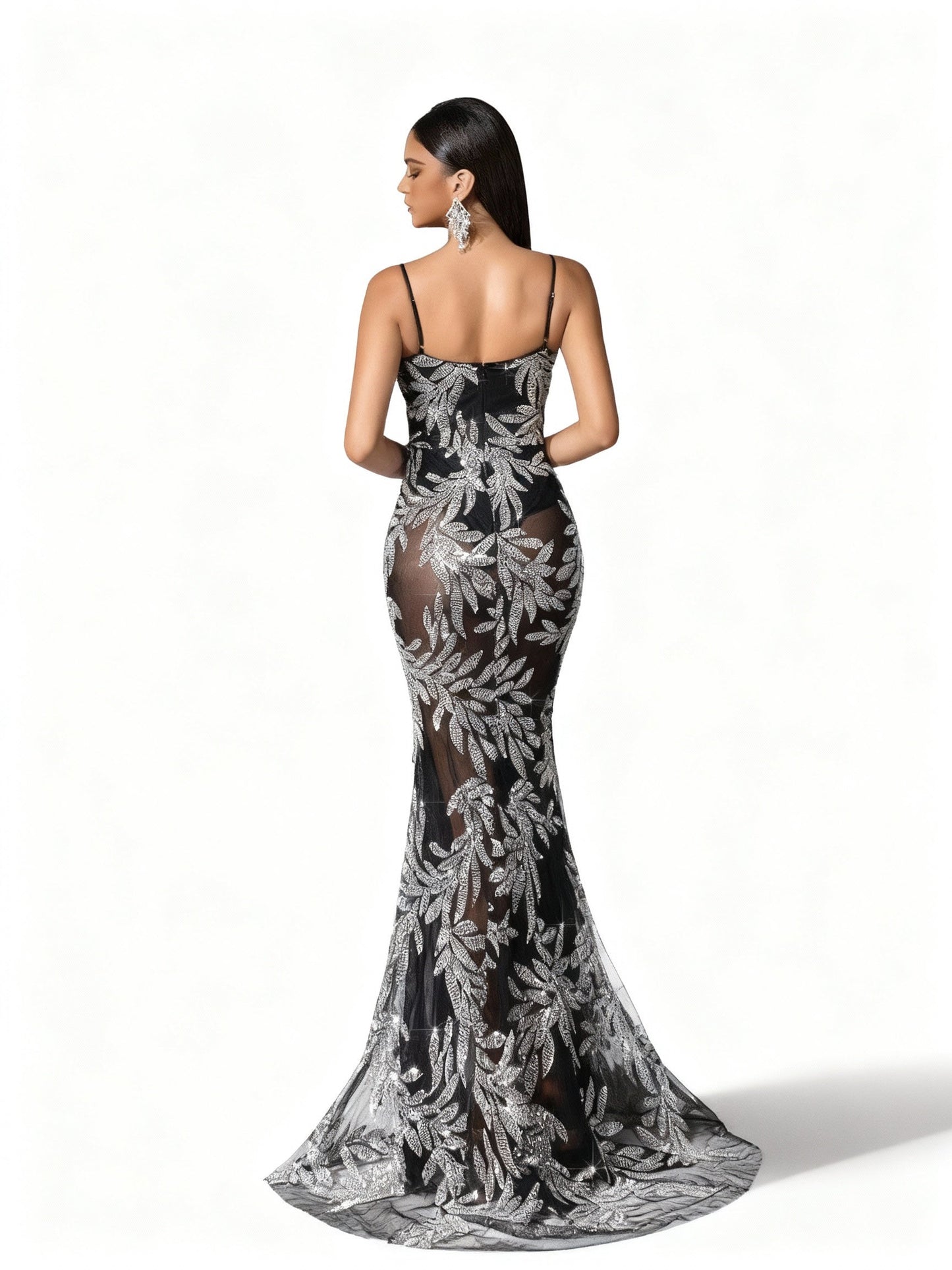 Stalluxe | Schwarzes Netzkleid mit Blumenmuster und Halterneck