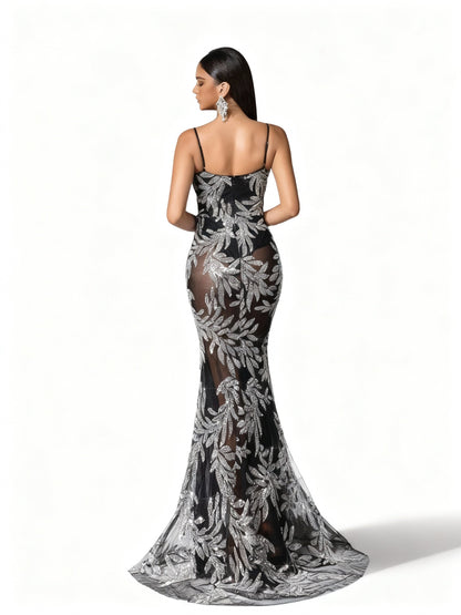 Stalluxe | Schwarzes Netzkleid mit Blumenmuster und Halterneck