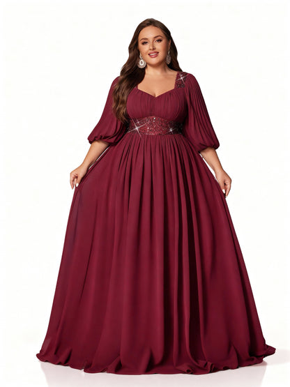 Stalluxe | Elegantes Pailletten-Abendkleid in Übergröße mit Bischofsärmeln