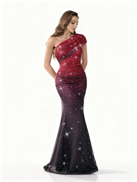 Stalluxe | Strasskleid mit Asymmetrischem Ausschnitt Weinrot