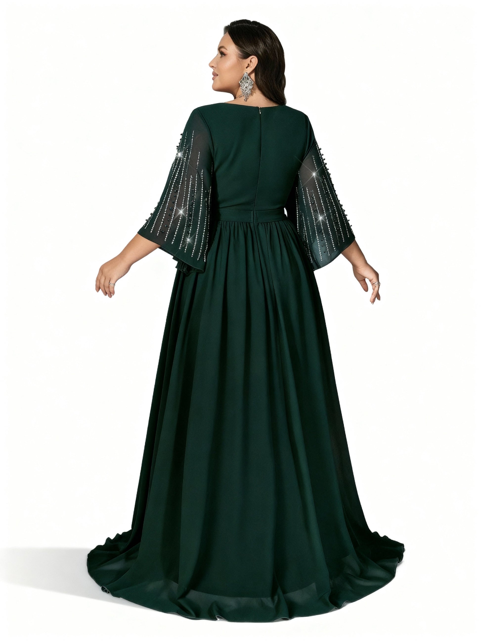 Stalluxe | Dunkelgrünes Chiffonkleid mit Strassverzierung