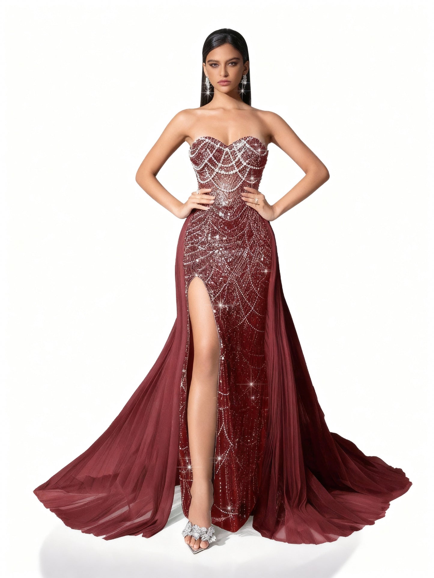 Stalluxe | Trägerloses Spitzenkleid mit Schnürung und Schlitz Weinrot