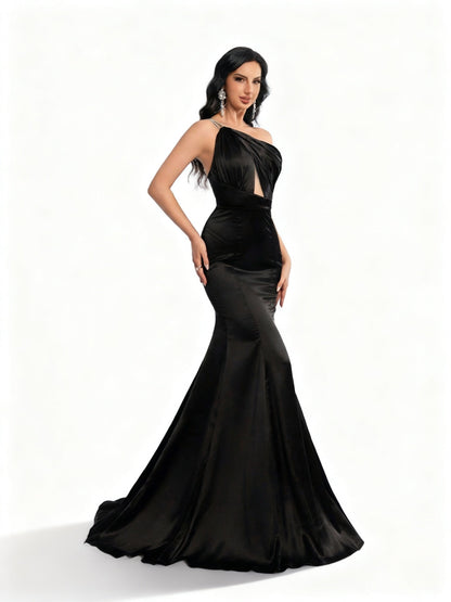 Stalluxe | Edles Schwarzes Satin-Abendkleid mit Asymmetrischem Ausschnitt