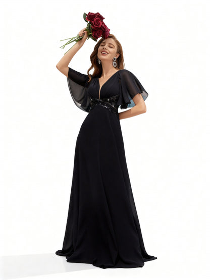 Stalluxe | Elegantes Chiffon-Abendkleid mit Pailletten, V-Ausschnitt und Rüschenärmeln