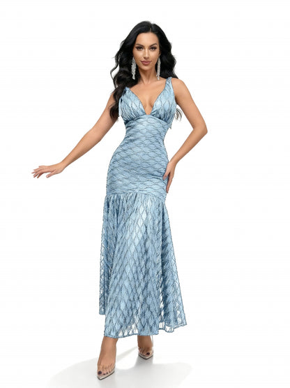 Stalluxe | Elegantes Abendkleid mit tiefem V-Ausschnitt, offenem Rücken und Meerjungfrauen-Saum Hellblau