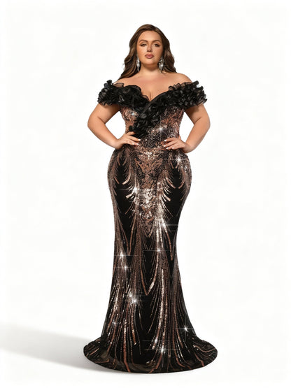 Stalluxe | Schwarzes Blumenmuster-Abendkleid in Meerjungfrauenform in Übergröße