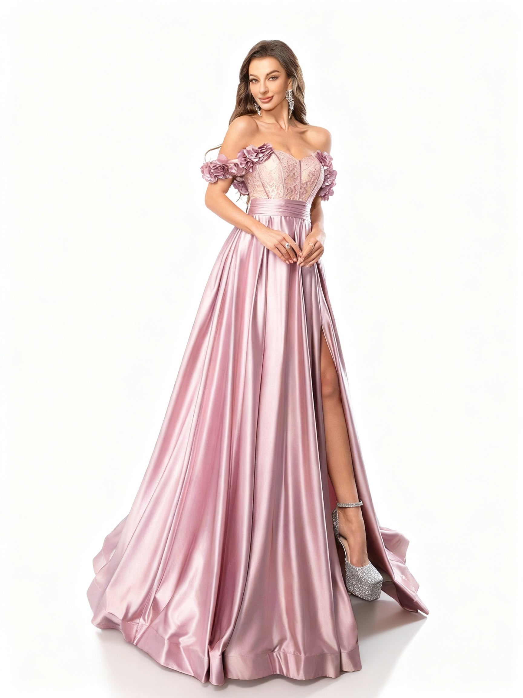 Stalluxe | Feenhaftes rosa schulterfreies Faltenkleid mit Schlitz