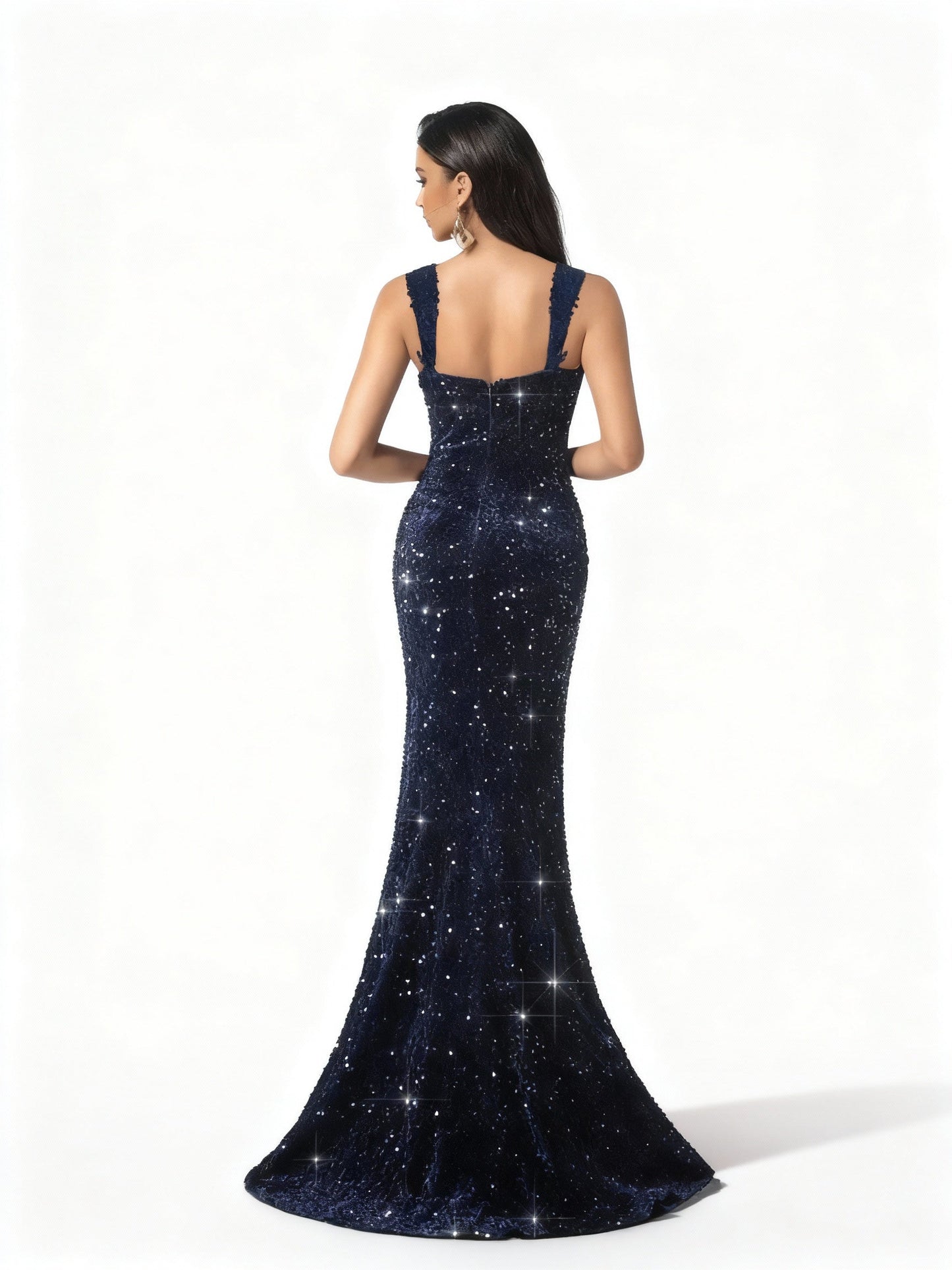 Stalluxe | Marineblaues Abendkleid mit Pailletten, Herz-Ausschnitt und Schlitz