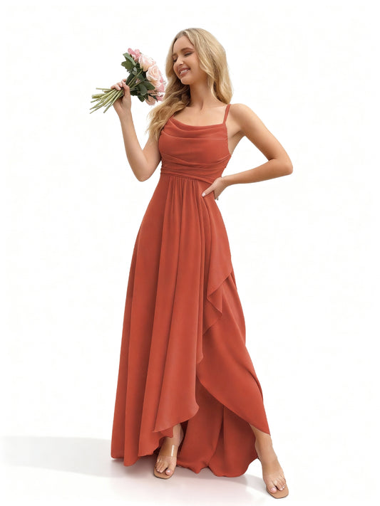 Stalluxe | Brautjungfernkleid mit Wasserfallausschnitt Korallenorange