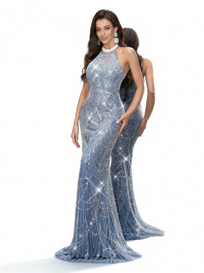 Stalluxe | Rückenausschnittkleid mit Meerjungfrauen-Saum Trübes Blau