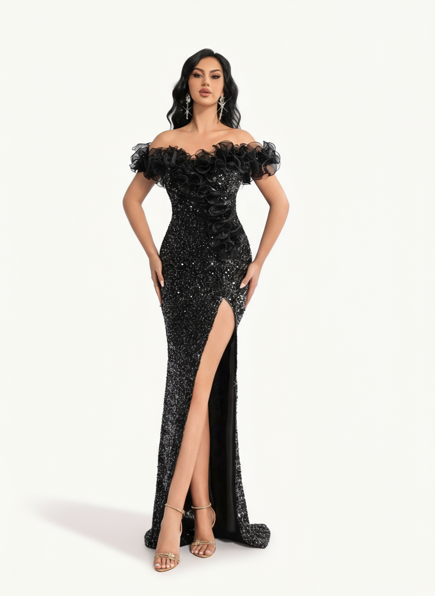 Stalluxe | Elegantes schwarzes schulterfreies Rüschenkleid mit Pailletten XL