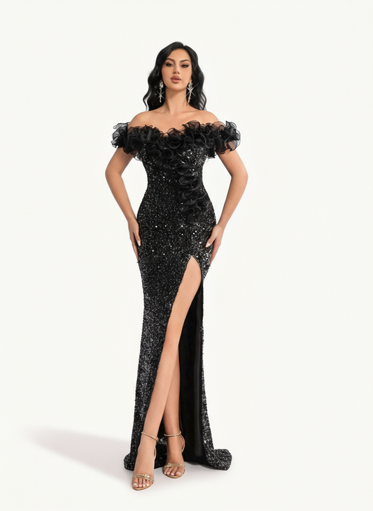 Stalluxe | Elegantes schwarzes schulterfreies Rüschenkleid mit Pailletten XL