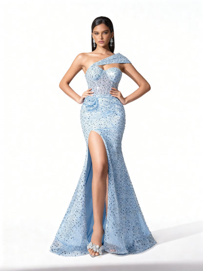 Stalluxe | Hellblaues Asymmetrisches Kleid mit Perlen und Schlitz XL
