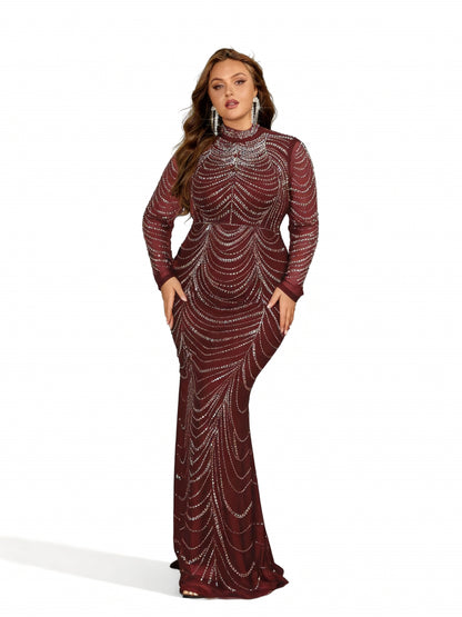 Stalluxe | Strasskleid in Großen Größen mit Fischschwanz Weinrot