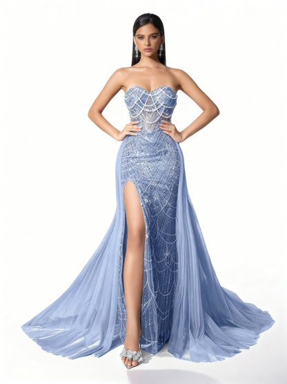 Stalluxe | Trägerloses Spitzenkleid mit Schnürung und Schlitz Dunstblau