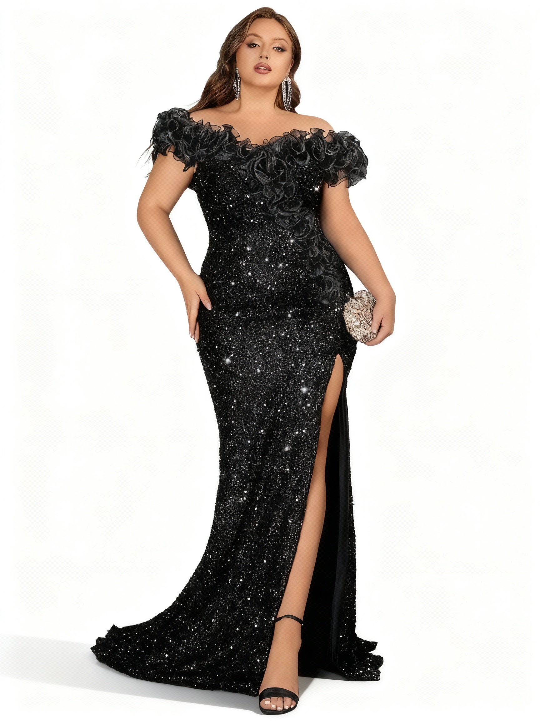 Stalluxe | Glamouröses Schwarzes Kleid in Übergröße mit Schulterfreiem Schnitt und Pailletten im Meerjungfrauenstil