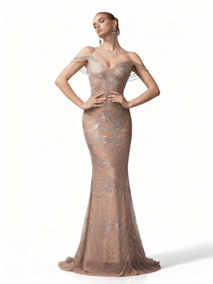 Stalluxe | Champagnerfarbenes Rückenfreies Strasskleid