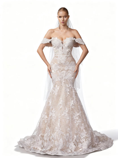 Stalluxe | Ein-Schulter Spitze Hochzeitskleid mit Falten und Blumenstickerei