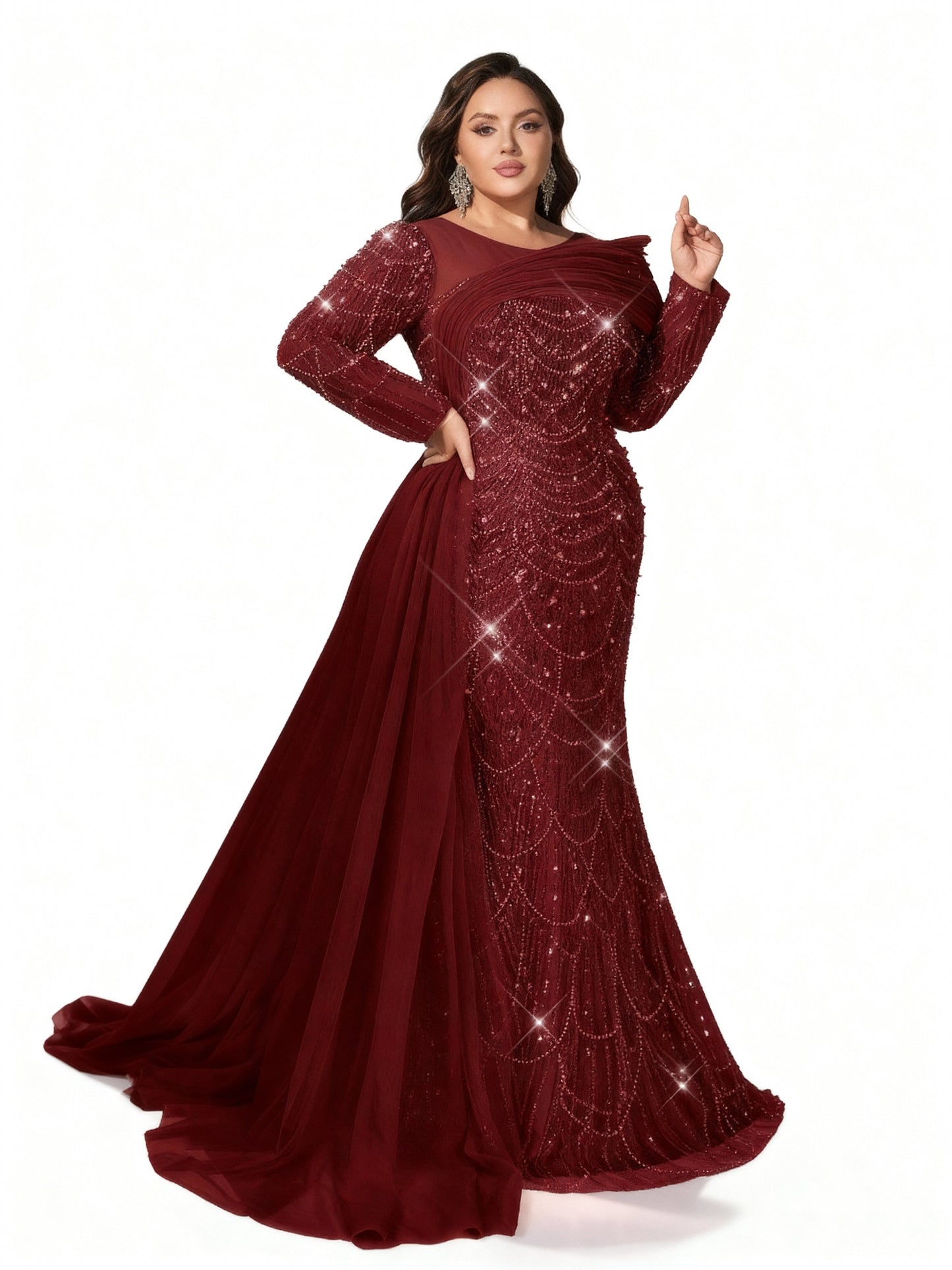 Stalluxe | Glamouröses Abendkleid in Champagner mit Pailletten, langen Ärmeln und Meerjungfrauen-Saum in Übergröße Weinrot