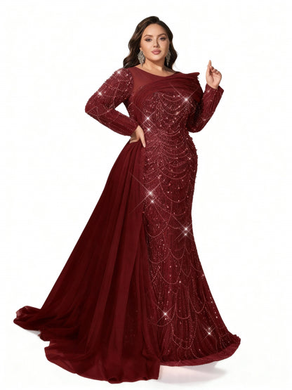 Stalluxe | Glamouröses Abendkleid in Champagner mit Pailletten, langen Ärmeln und Meerjungfrauen-Saum in Übergröße Weinrot