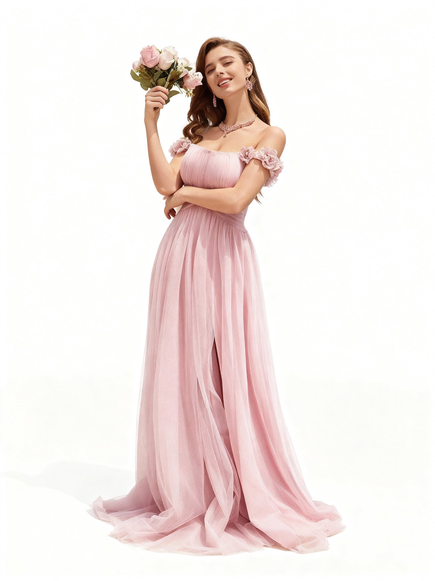 Stalluxe | Sommerliches Abendkleid in Rosa mit Blumenverzierung und Schlitz in der Taille