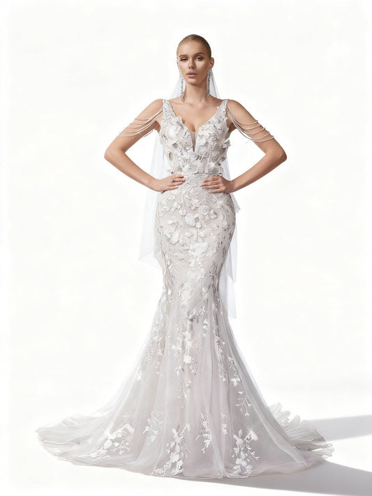 Stalluxe | Elegantes Ärmelloses Hochzeitskleid mit Mesh und Pailletten im Tiefen V-Ausschnitt