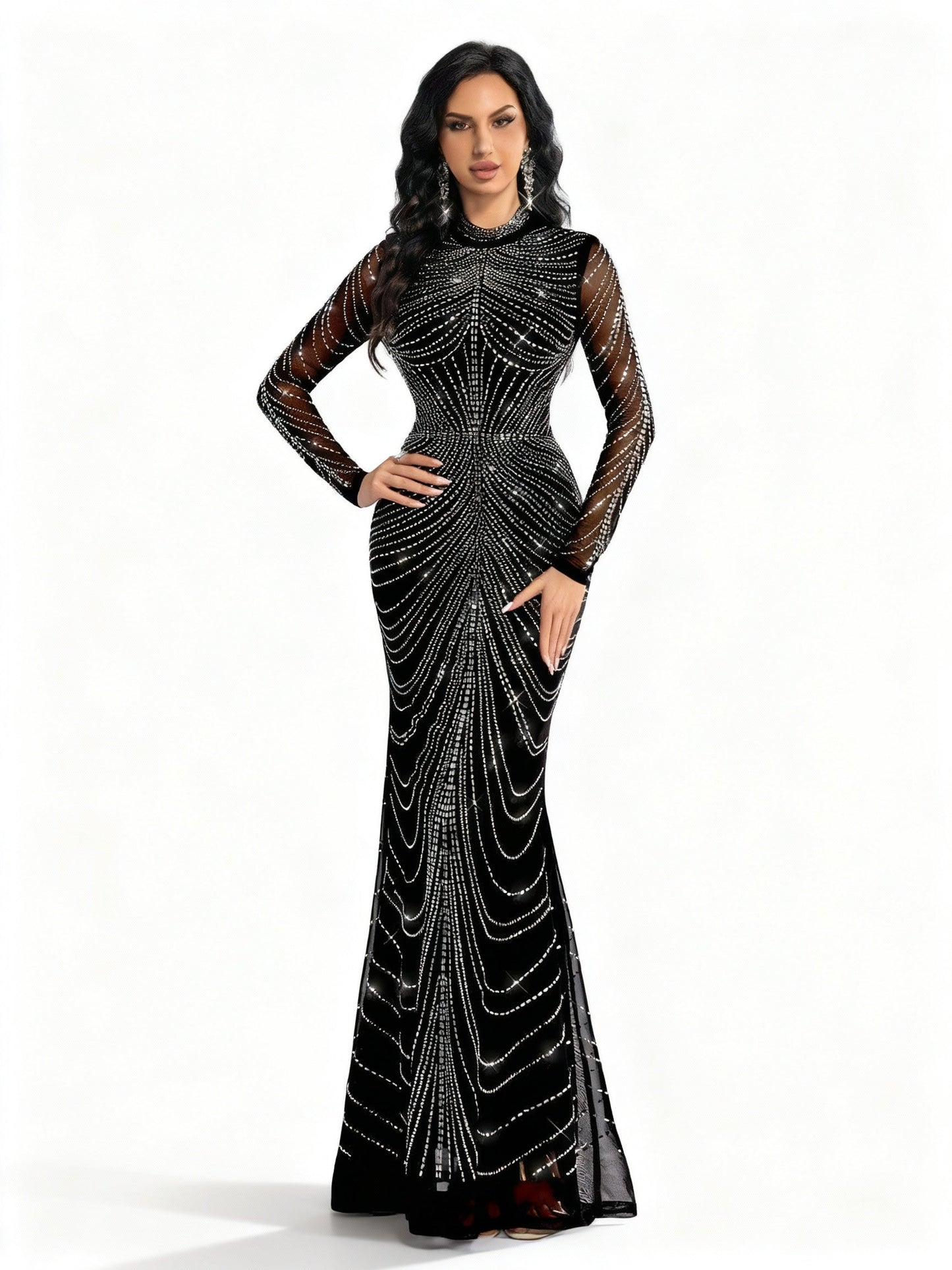 Stalluxe | Schwarzes Abendkleid mit Strass und Meerjungfrauen-Saum