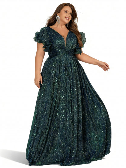 Stalluxe | Abendkleid in Lila mit Falten, Rüschen und kurzen Ärmeln in Übergröße Grün