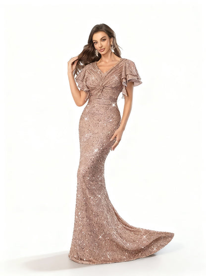 Stalluxe | Champagnerfarbenes Paillettenkleid mit Rüschen