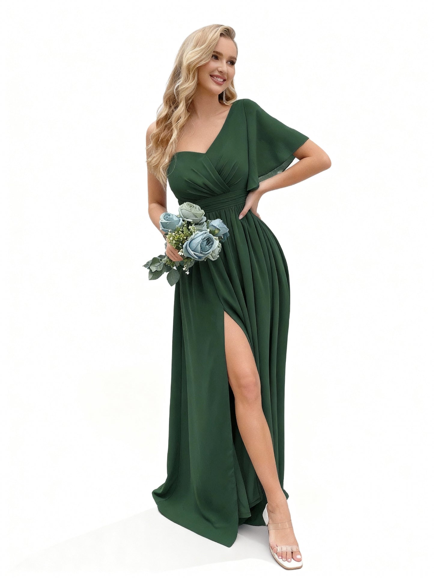 Stalluxe | Ein Schulter Brautjungfernkleid mit Rüschenärmeln