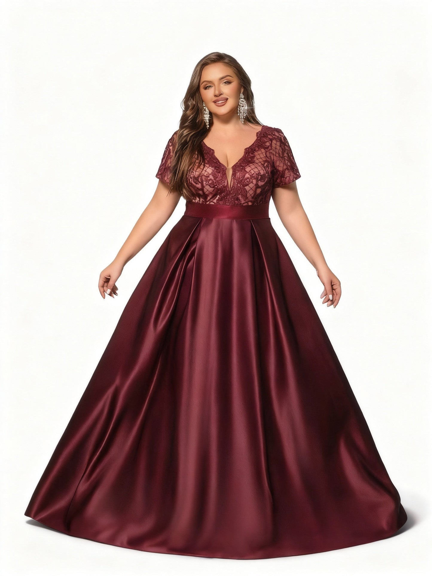 Stalluxe | Burgunderfarbenes Spitzen Abendkleid in Übergröße