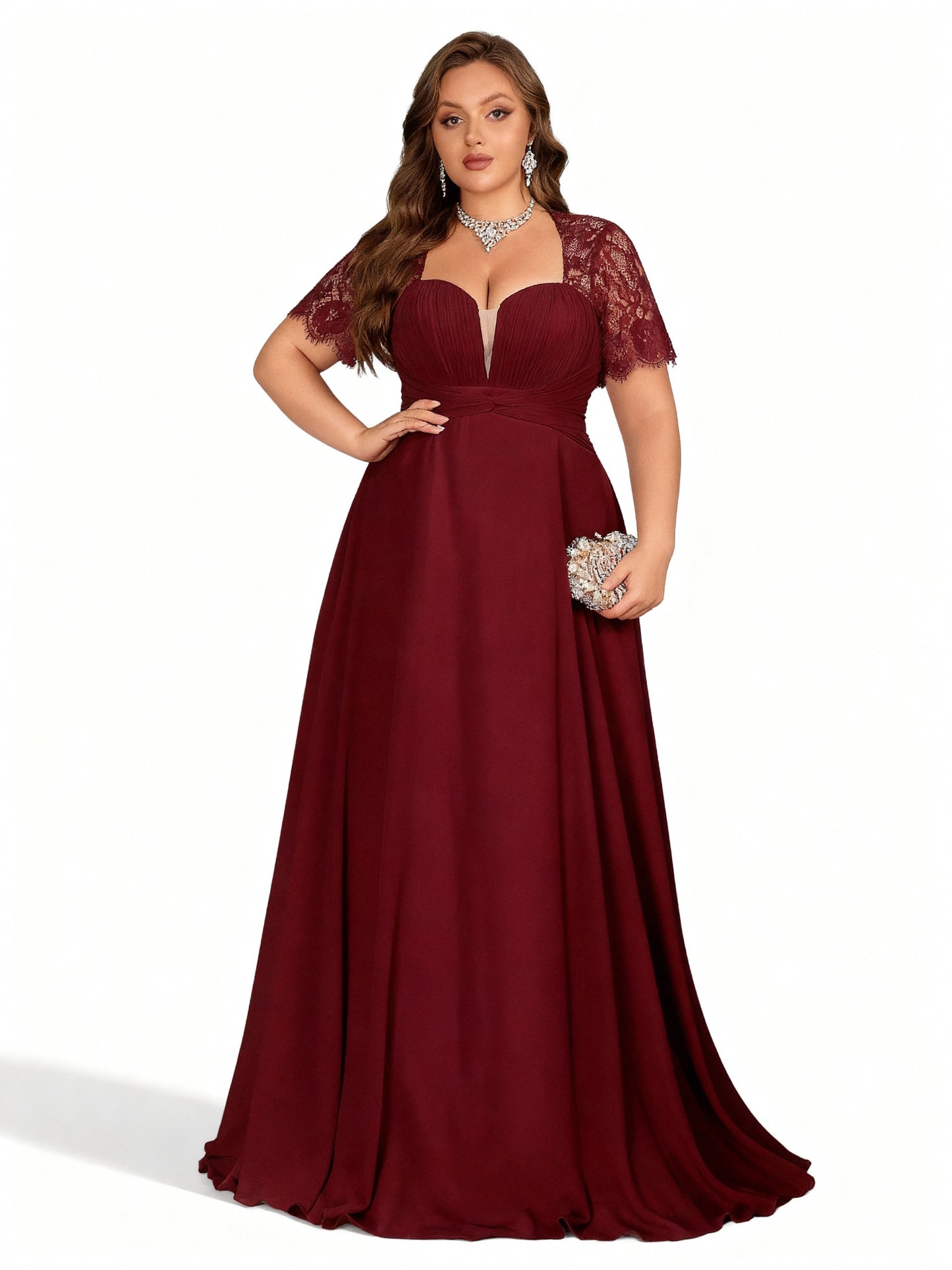 Stalluxe | Chiffonkleid mit Spitzenbesatz in Großen Größen Weinrot