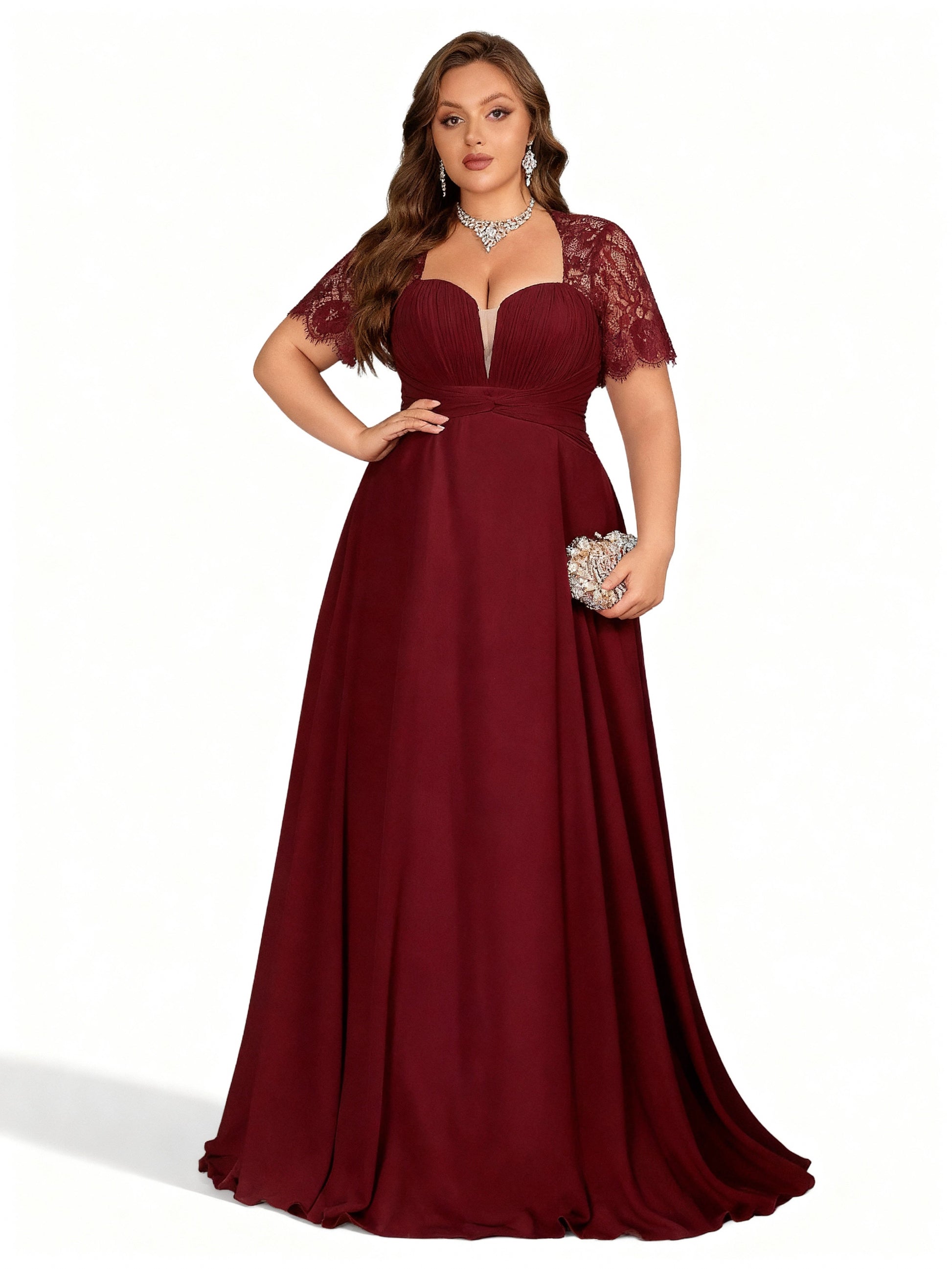 Stalluxe | Chiffonkleid mit Spitzenbesatz in Großen Größen Weinrot