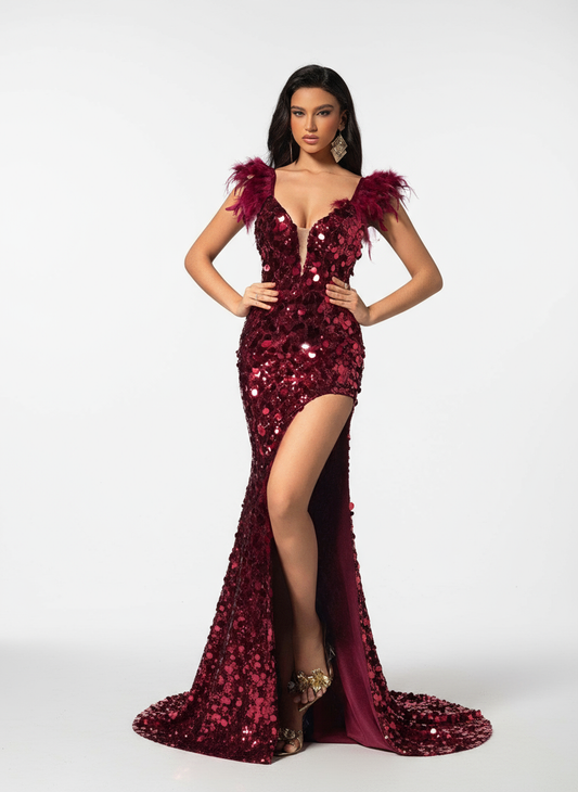 Stalluxe | Glamouröses burgunderfarbenes Paillettenkleid mit Schlitz XL