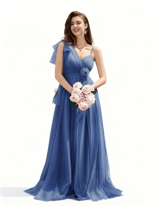 Stalluxe | Asymmetrisches Netzkleid mit Blumenverzierung Trübes Blau