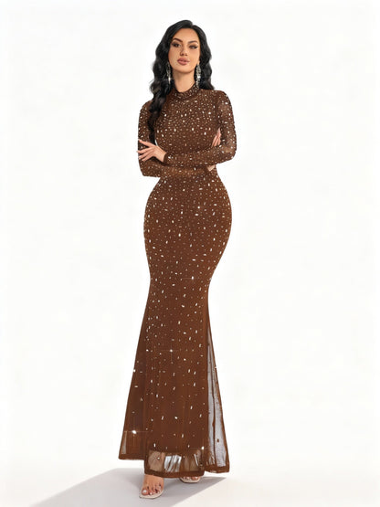 Stalluxe | Strasskleid mit Stehkragen und Fischschwanz Kaffeebraun