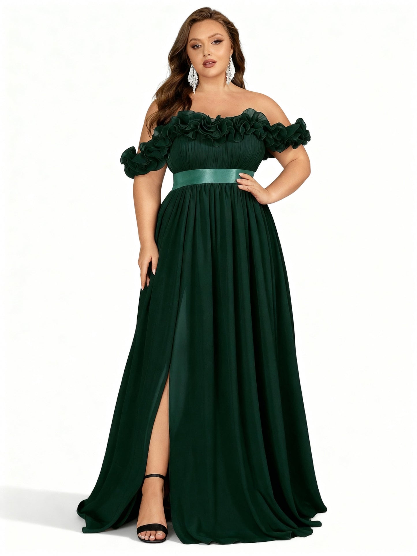 Stalluxe | Schulterfreies Blumenkleid in Großen Größen Dunkelgrün