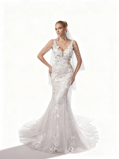 Stalluxe | Elegantes Ärmelloses Hochzeitskleid mit Mesh und Pailletten im Tiefen V-Ausschnitt