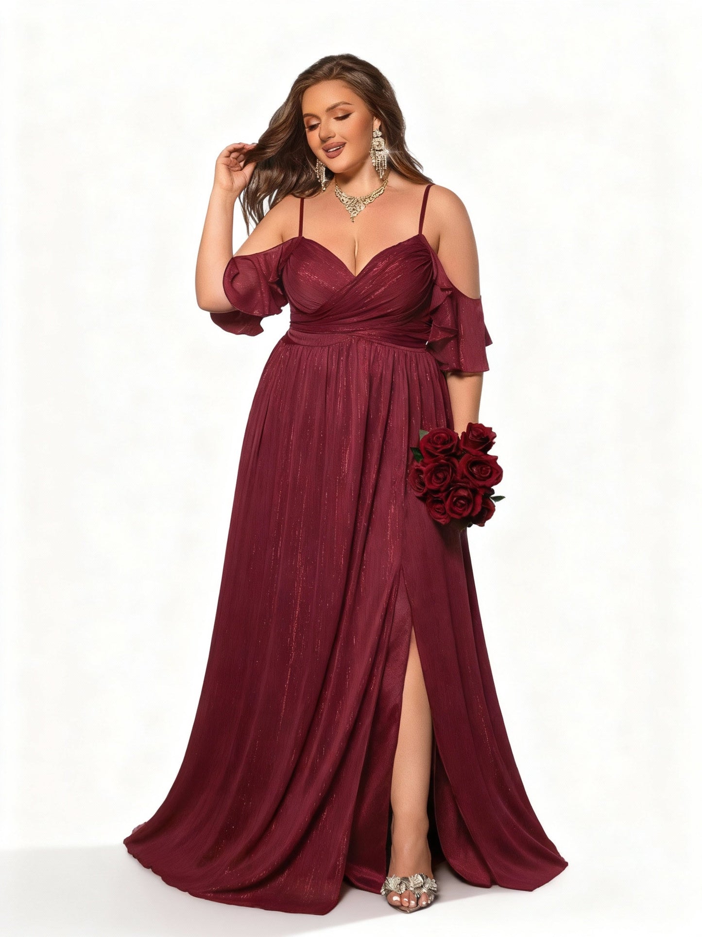 Stalluxe | Burgunderfarbenes Trägerloses Spitzenkleid für Brautjungfern in Übergröße