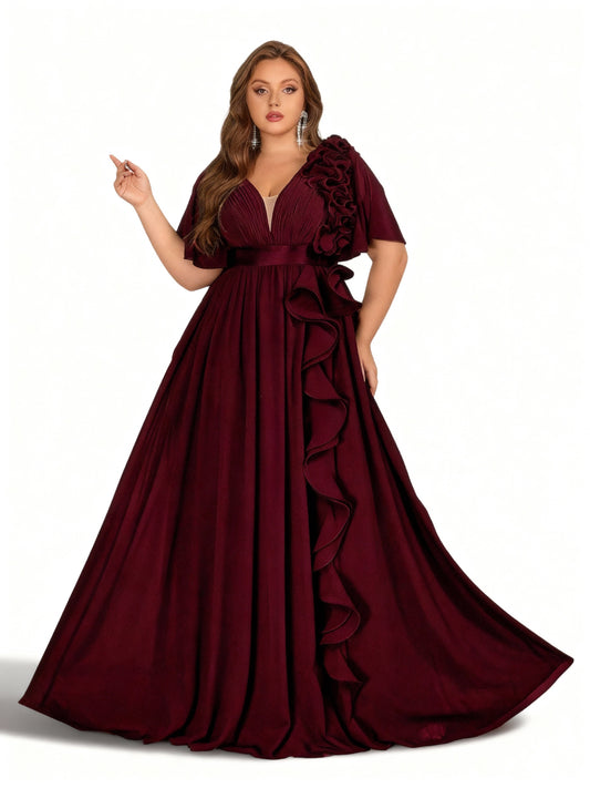 Stalluxe | Formelles Rüschkleid mit V-Ausschnitt in Großen Größen Weinrot