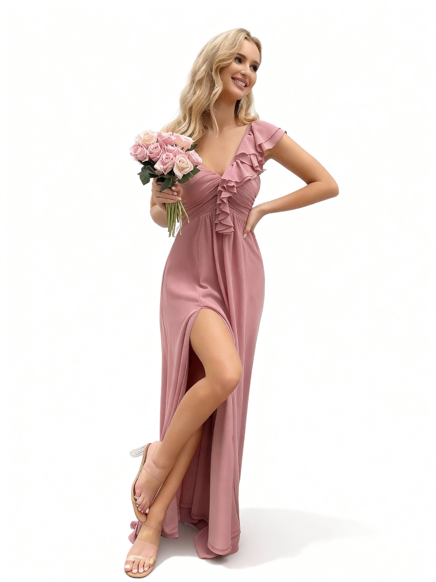 Stalluxe | Elegantes rosa Brautjungfernkleid mit einer Schulter, Rüschen und Schlitz