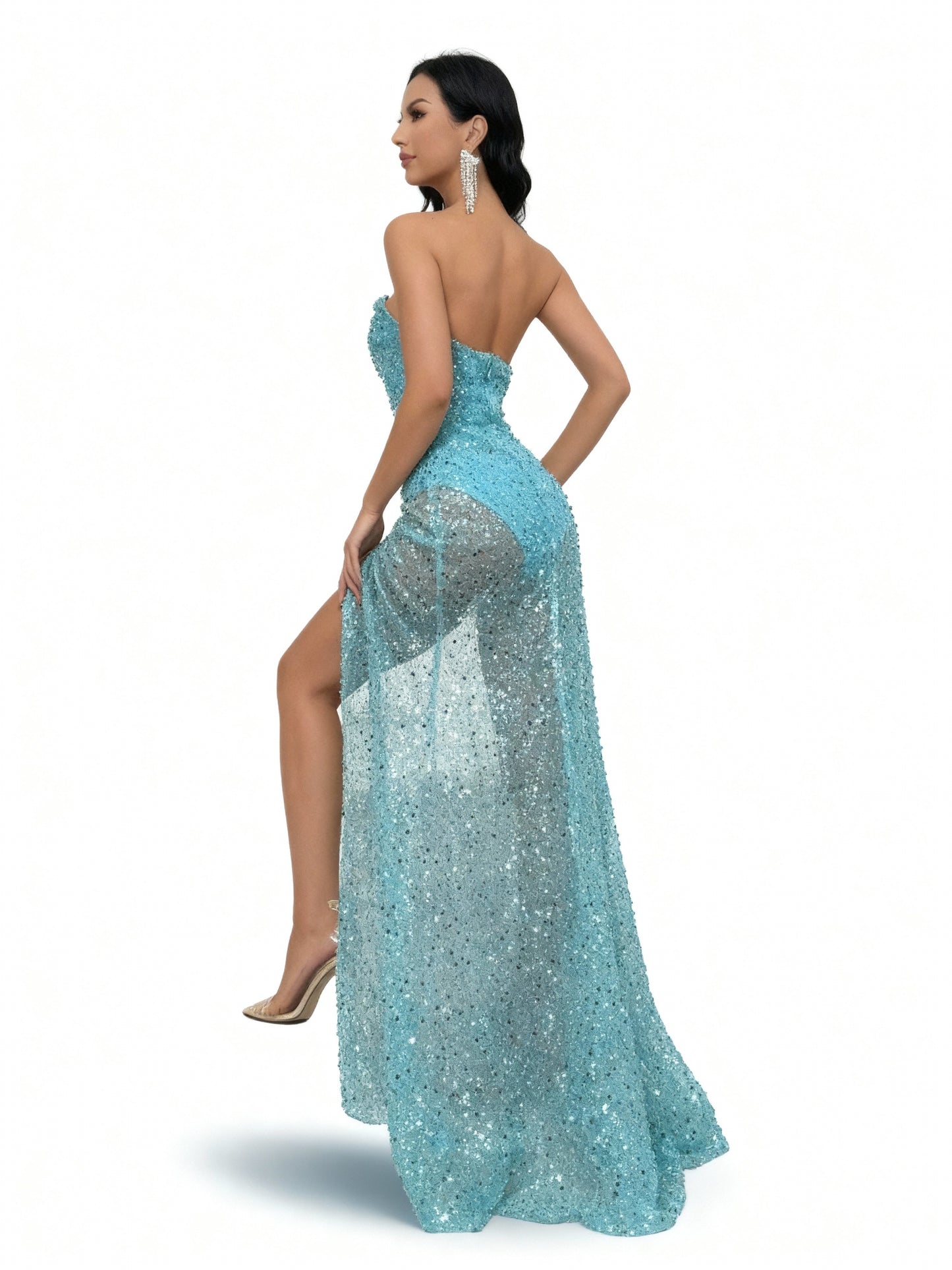 Stalluxe | Perlenbesetztes Rückenträgerloses Kleid mit Hohem Schlitz