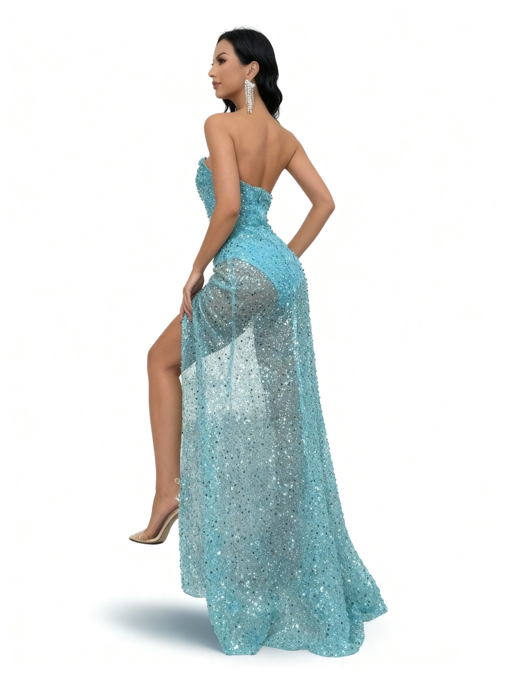 Stalluxe | Perlenbesetztes Rückenträgerloses Kleid mit Hohem Schlitz