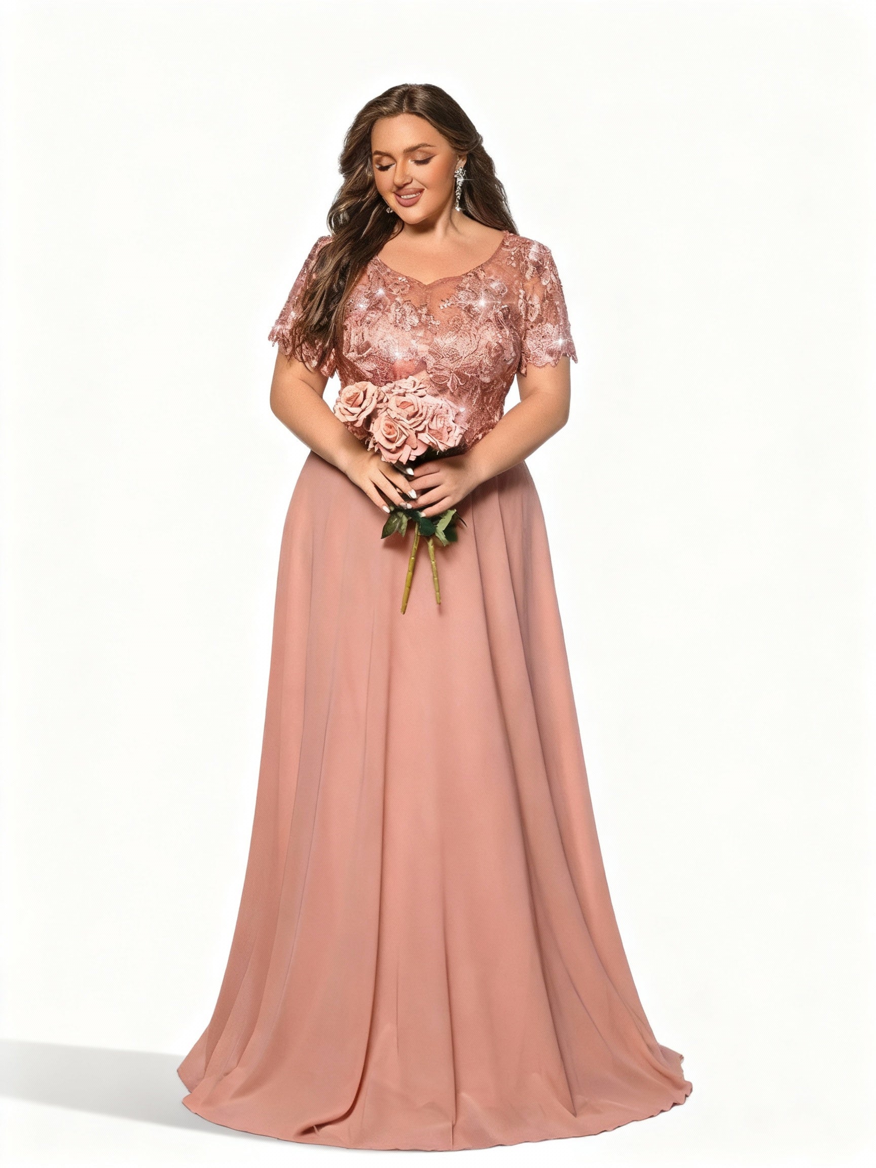 Stalluxe | Rosafarbenes Spitzenkleid in Übergröße mit Applikationen und Kurzem Ärmel 5XL