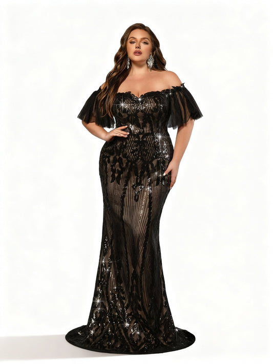 Stalluxe | Glänzendes Abendkleid mit Perlen für Damen in Übergröße 5XL