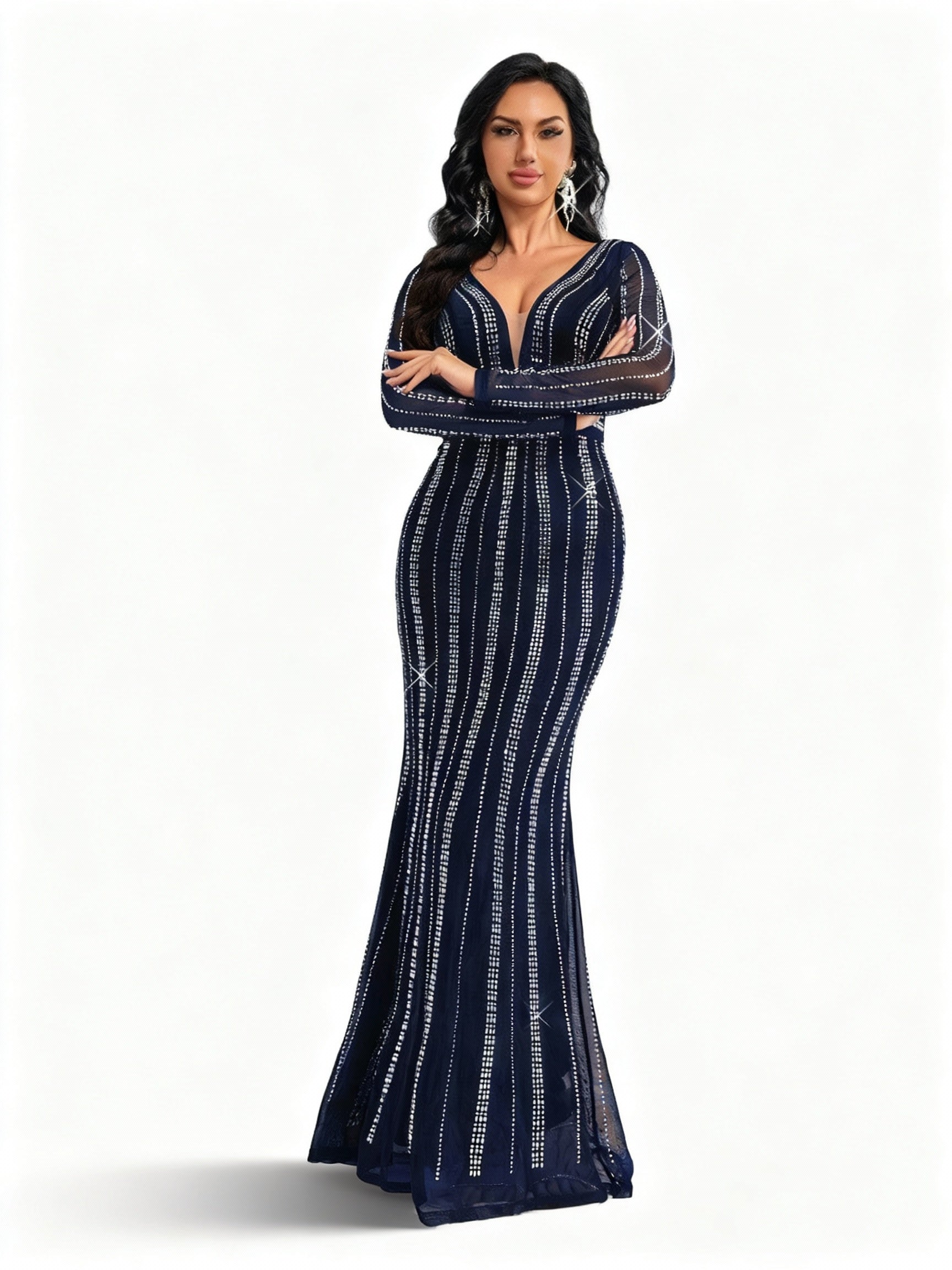 Stalluxe | Marineblaues Paillettenkleid mit Tiefem V-Ausschnitt