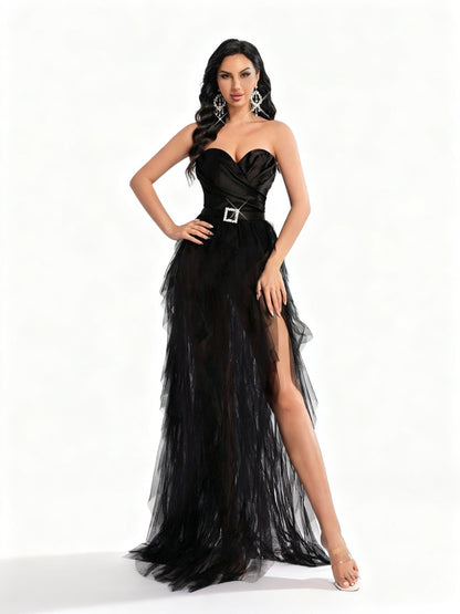 Stalluxe | Schwarzes Trägerloses Meshkleid mit Schnalle